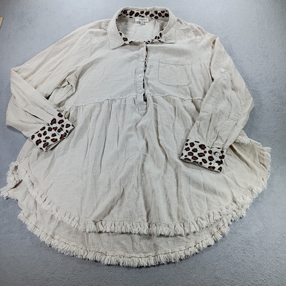 Umgee Women Tunic Top Beige 1XL Leopard Print Trim Fringe Hem WA5815